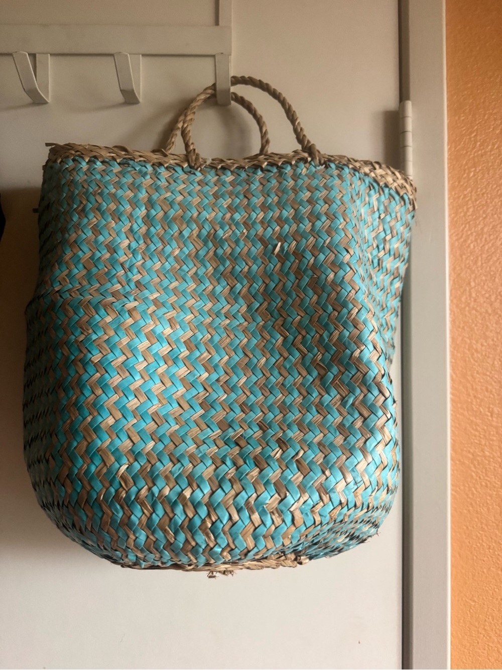 Handwoven Turquoise and Natural Straw Tote Bag
